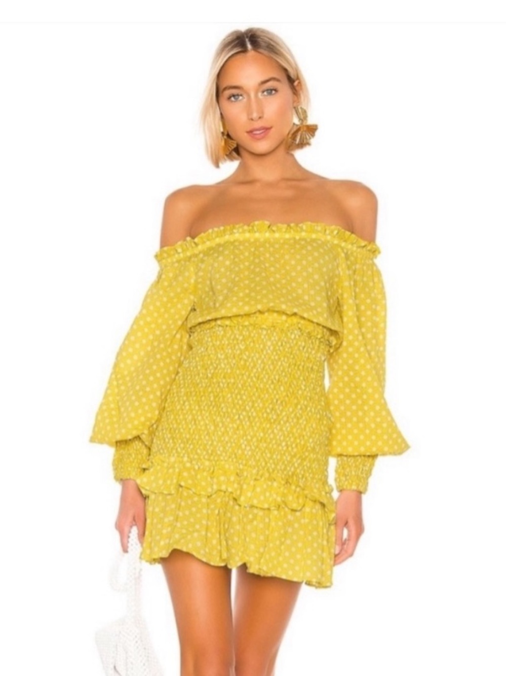 Alexis Marilena Yellow Off-Shoulder Polka Dot Mini Dress